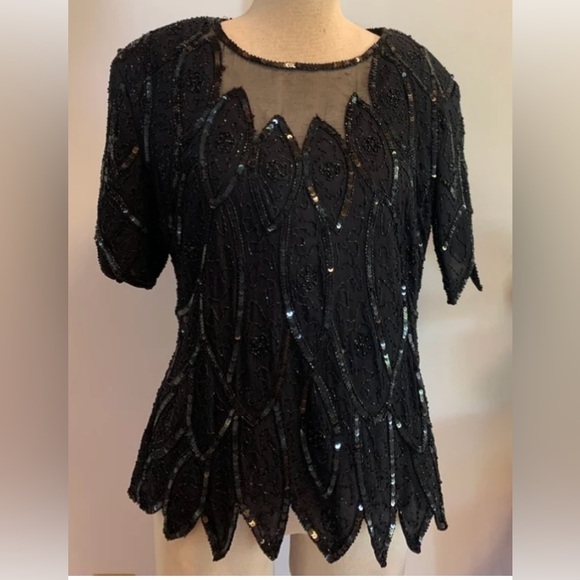 Vintage Stenay Women’s Black Beaded & Sequins 100% Silk Blouse - Picture 1 of 11